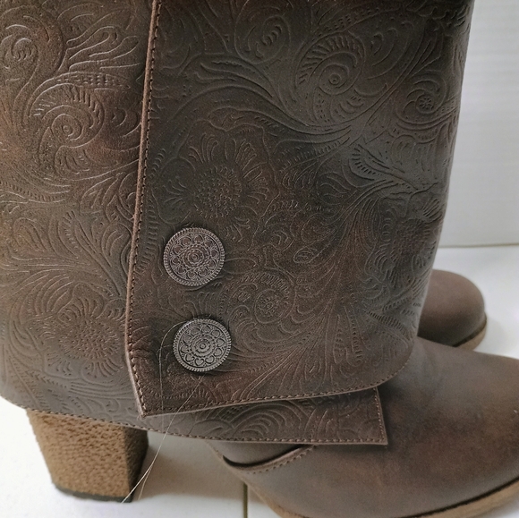 Mukluks Chris Embossed Floral Fold Over Overlap Heeled Boots. Button Accents - Picture 8 of 8